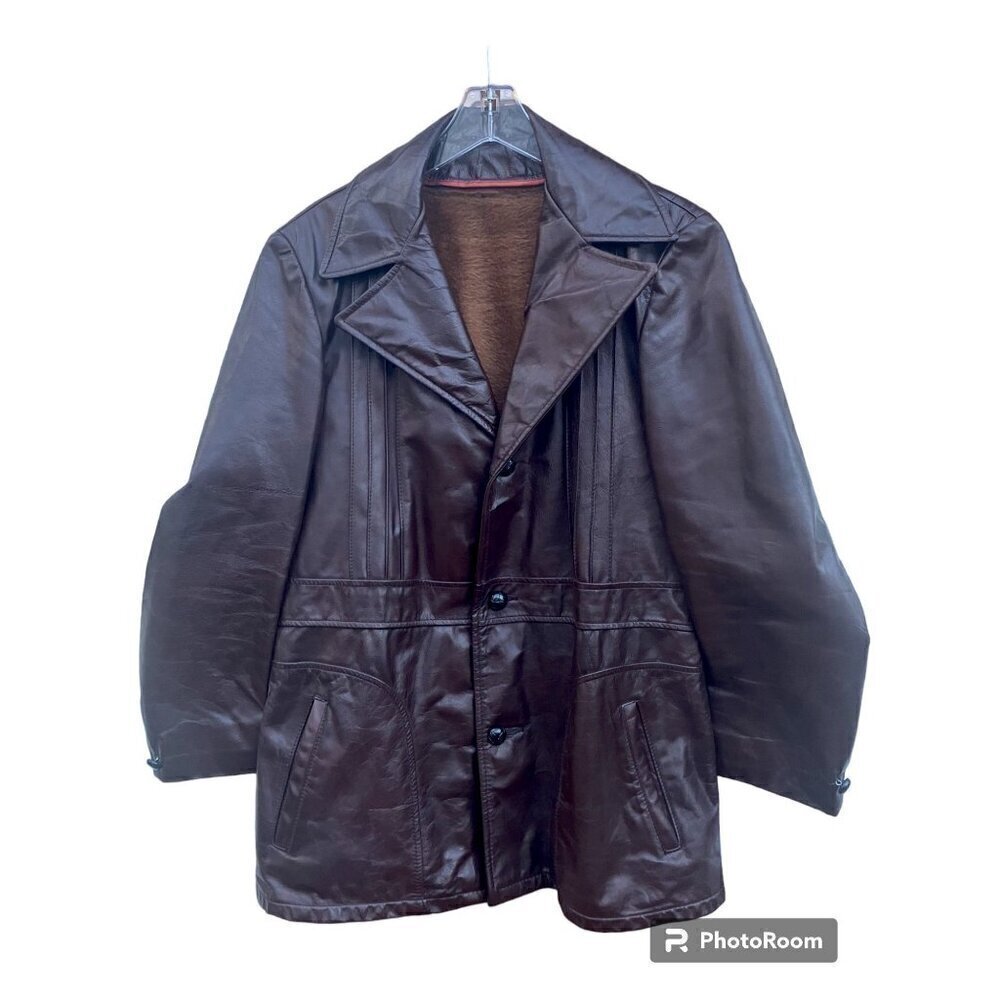 Vintage Leather Jacket L Removable Lining Faux Fur Disco Hippie Hipster 70s